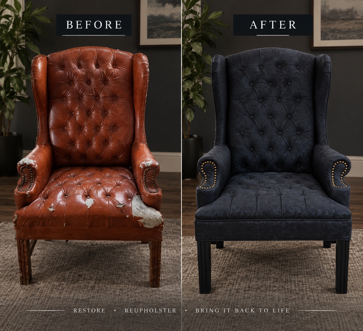 A worn leather wingback chair restored with richly textured dark upholstery
