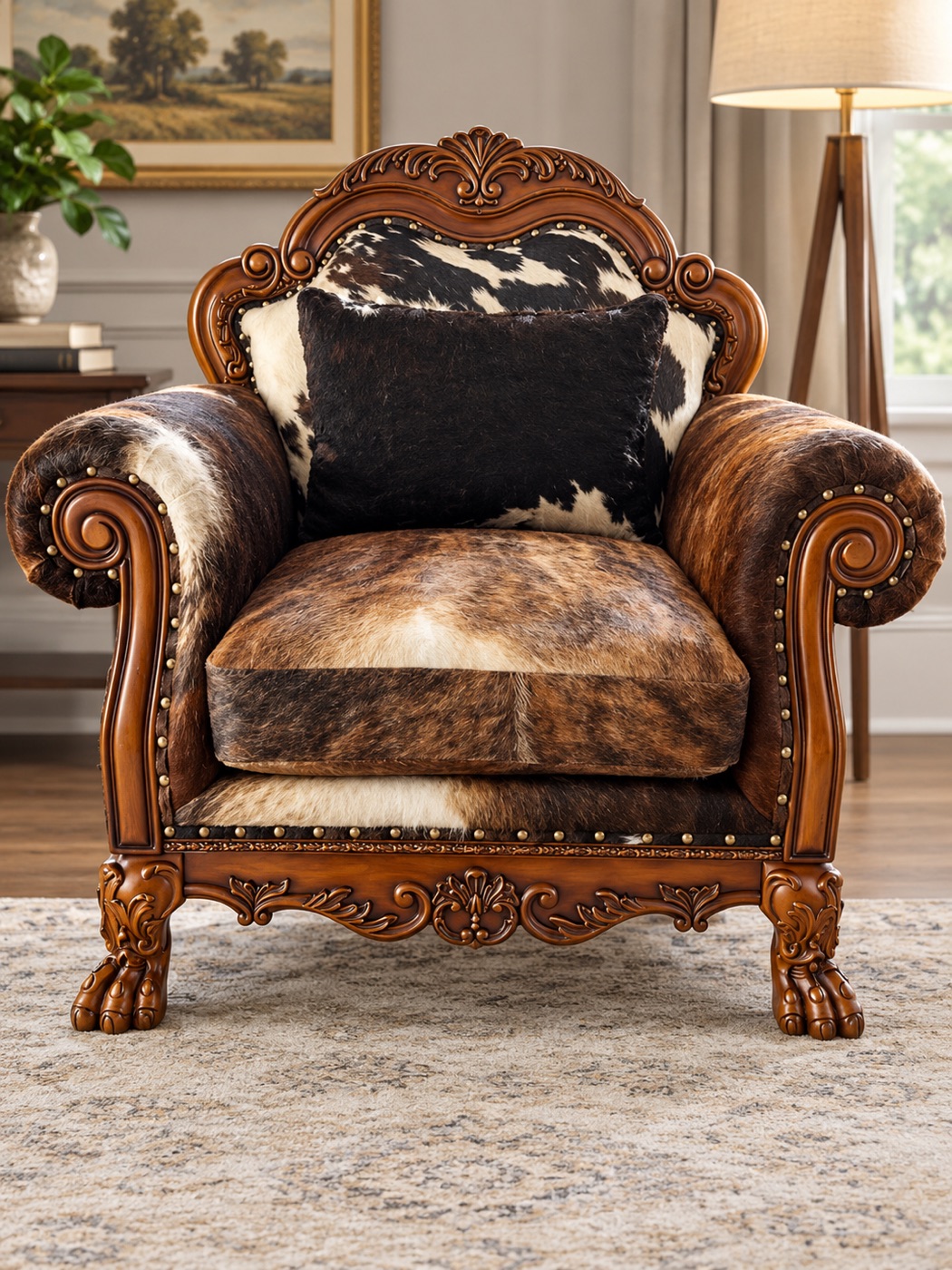 Hand-upholstered cowhide armchair with an ornate carved wood frame