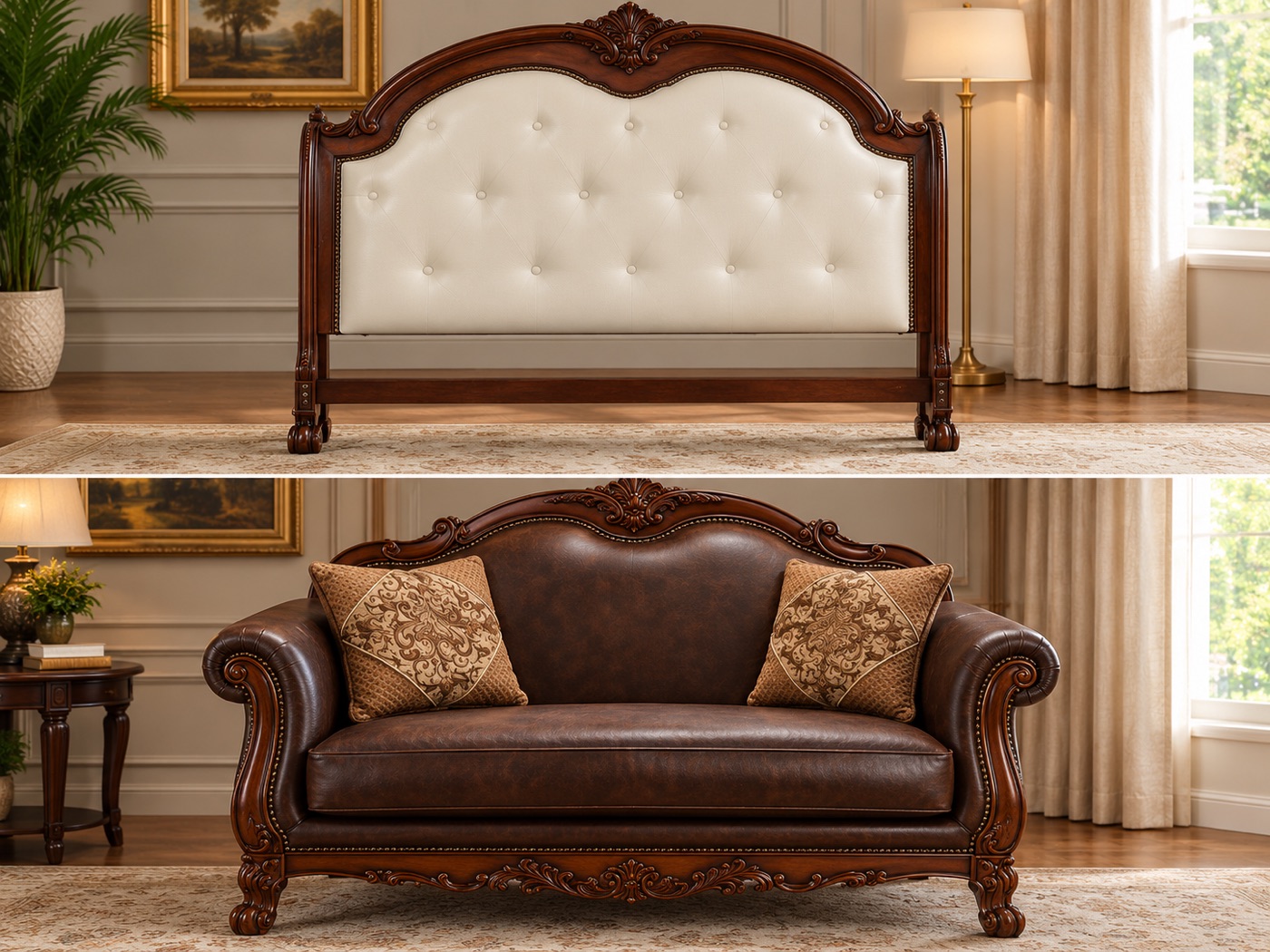 Ivory tufted headboard and a reupholstered brown leather sofa